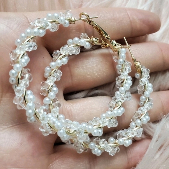 Gold hoop earrings Beaded Statement Boho faux Pearl chunky twist 💖2/$30 - Picture 8 of 14